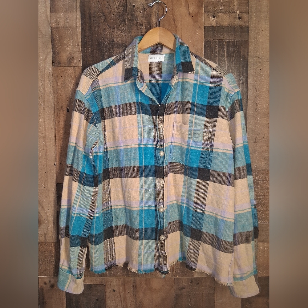John Elliot Plaid Flannel Distresses Button Front Size 2